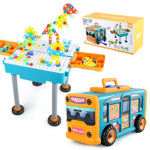DIY STEM Educational Transforming Bus Building Blocks Table Toy Set With Plastic Screws Nuts Manual Tools For Kids Activity Gift