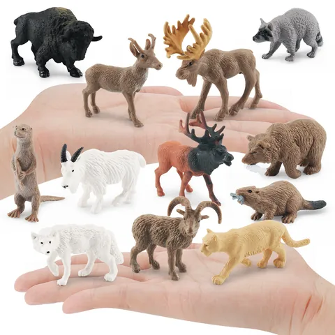 North American Wild Animal Figures Collection Realistic Solid PVC Moose Bear Wolf Bison Beaver Raccoon Educational Learning Toys