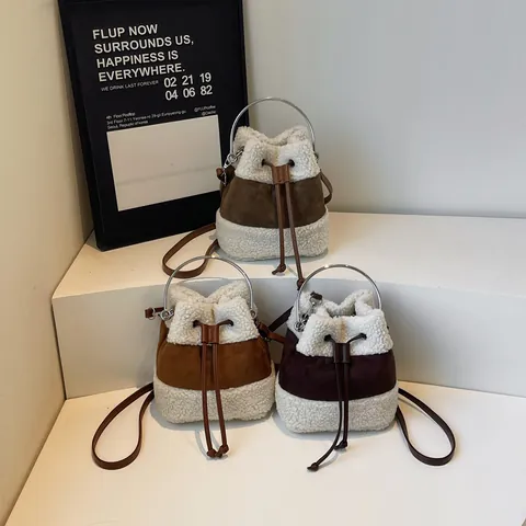 Plush Bucket Bag Lamb Wool PU Suede Patchwork Drawstring Metal Ring Handle Crossbody Shoulder Handbag Women Autumn Winter Chic