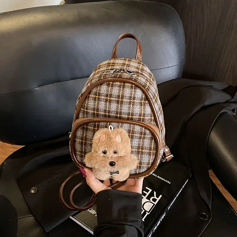 Women Mini Plaid Backpack Retro Tweed School Bag With Plush Bear Charm Adjustable PU Straps Casual Travel Daypack For Students