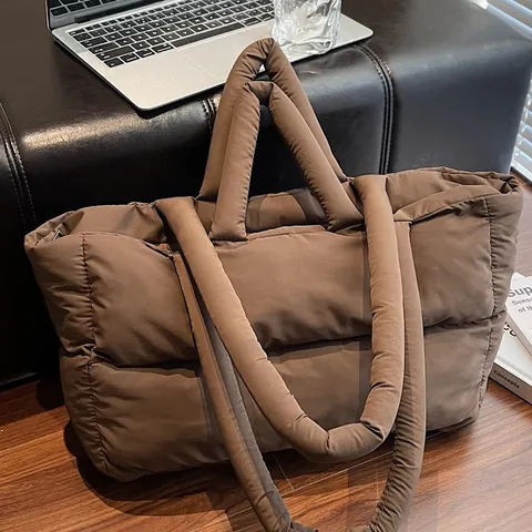 Women's Padded Quilted Tote Bag Large Capacity Puffy Cotton Shoulder Bag Solid Color Winter Casual Commute Handbag