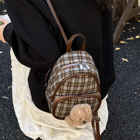 Women Mini Plaid Backpack Retro Tweed School Bag With Plush Bear Charm Adjustable PU Straps Casual Travel Daypack For Students
