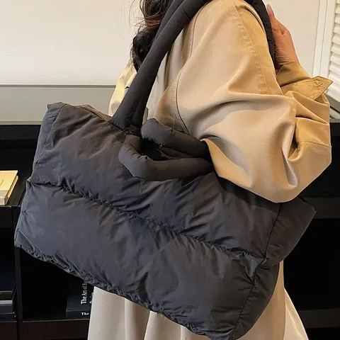 Women's Padded Quilted Tote Bag Large Capacity Puffy Cotton Shoulder Bag Solid Color Winter Casual Commute Handbag