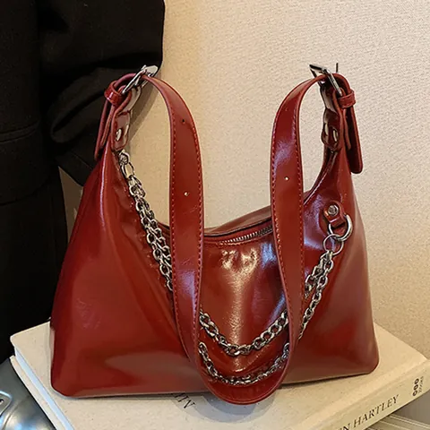 Bolso de Axila de Cuero PU para Mujer Moda Decoración de Cadena Plateada Bolso de Hombro Minimalista Retro Color Sólido