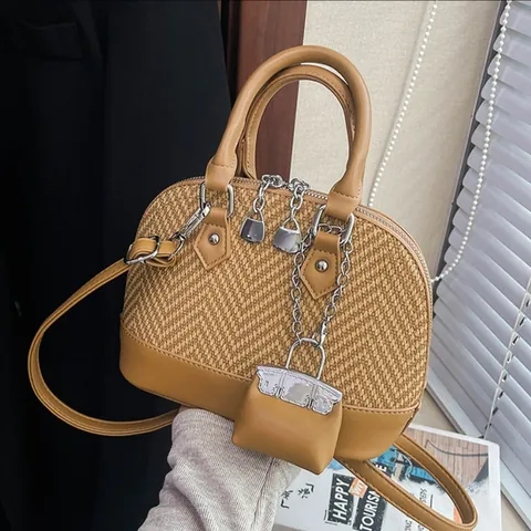 Women's Vintage Niche PU Leather Panel Herringbone Shell Bag With Mini Bag Charm Crossbody Shoulder Handbag