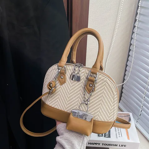 Women's Vintage Niche PU Leather Panel Herringbone Shell Bag With Mini Bag Charm Crossbody Shoulder Handbag