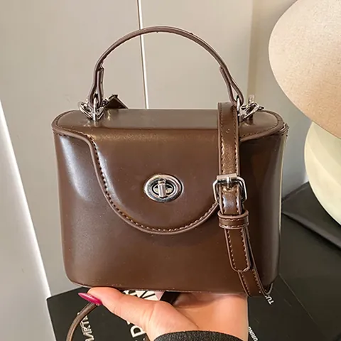 Bolso de Mano Vintage de Cuero PU para Mujer Bolso Cruzado de Color Sólido Elegante Con Cierre Giratorio y Asa Superior