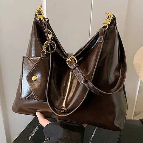 Borsa a Spalla da Donna Grande Capacità in Pelle PU Lucida Borsa Tote Vintage Con Mini Pochette Rimovibile Hardware Dorato