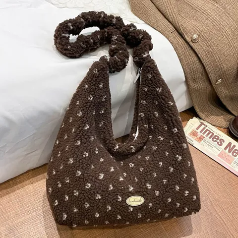 Vintage Plüsch Schultertasche Für Damen Große Kapazität Tragetasche Mit Polka Dot Leopard Karo Muster Weiche Warme Handtasche