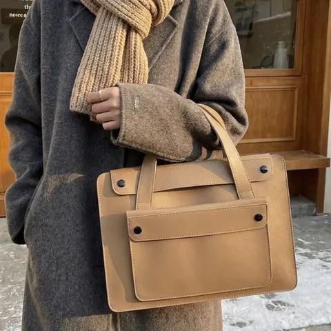Women Minimalist Business Tote Bag Waterproof PU Leather Laptop Bag Large Capacity Commuter Handbag Office Briefcase With Front Pocket
