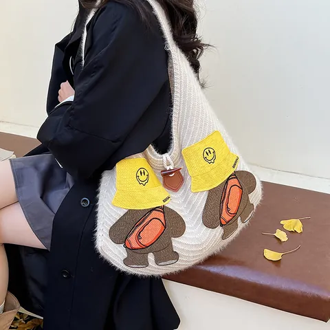 Women Cartoon Bear Knitted Tote Bag Large Capacity Soft Knitted Yarn Shoulder Bag With Toggle Button Closure Casual Handbag