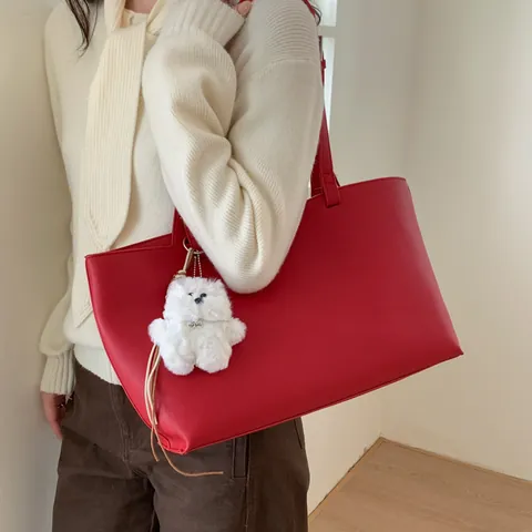 Women Large Capacity PU Leather Tote Bag With Plush Pendant Minimalist Retro Commuter Shoulder Handbag Daily Solid Color Bag