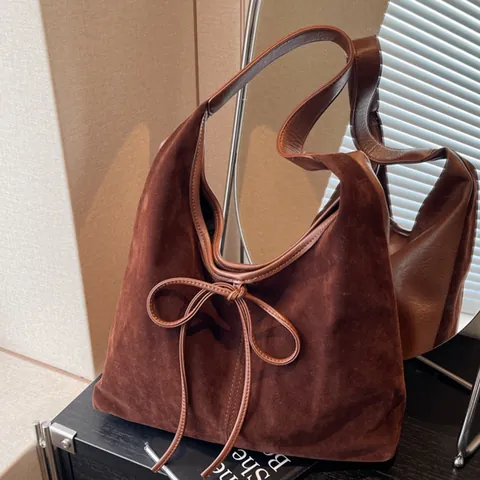 Vintage Schultertasche Aus PU-Leder In Wildlederoptik Große Tragetasche Hobo Bag Mit Schleifendekor Für Damen Alltag