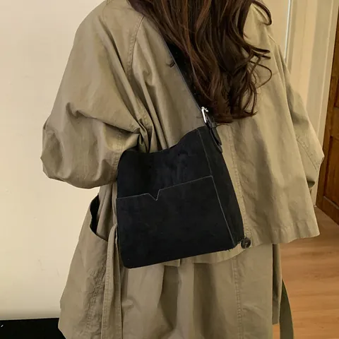 Bolso Bombonera Mujer Retro PU Mate Aspecto Ante Y Neceser Gran Capacidad Bolso de Hombro Minimalista Bolsillo en V