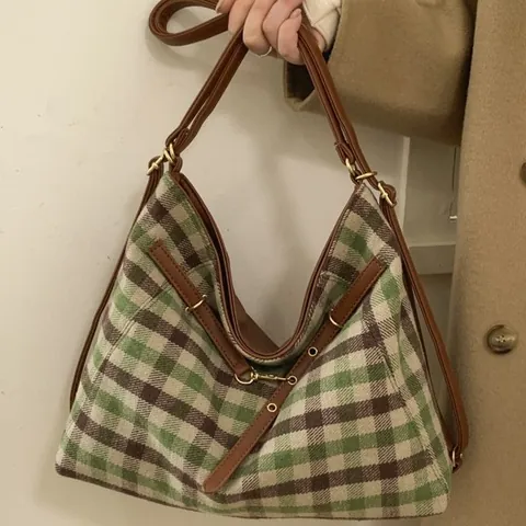 Bolso Tote de Tela a Cuadros Vintage Gran Capacidad Bolso de Hombro Para Mujer Handbag de Patchwork de Cuero PU
