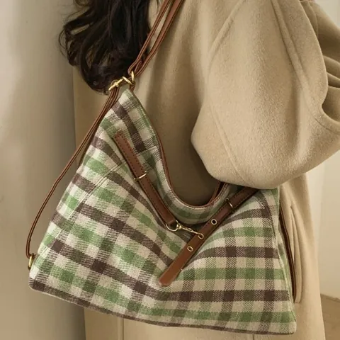 Bolso Tote de Tela a Cuadros Vintage Gran Capacidad Bolso de Hombro Para Mujer Handbag de Patchwork de Cuero PU