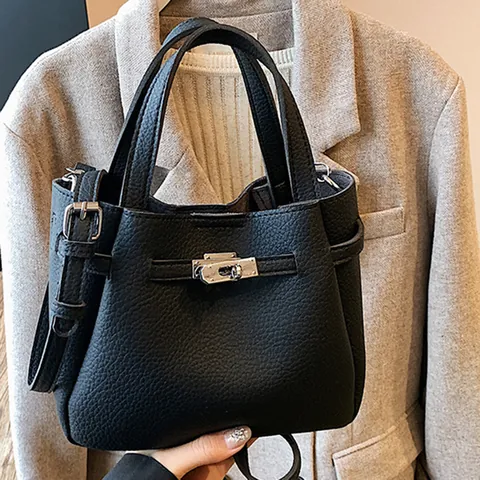 Vintage Lychee Grain PU Leather Bucket Bag For Women Metal Turn Lock Crossbody Handbag With Adjustable Shoulder Strap Daily Commute Bag