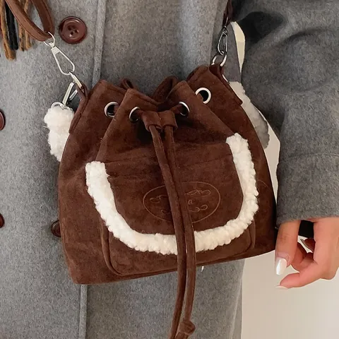 Women Suede Bucket Bag With Faux Sherpa Trim Drawstring Shoulder Crossbody Bag Autumn Winter Vintage Handbag For Daily
