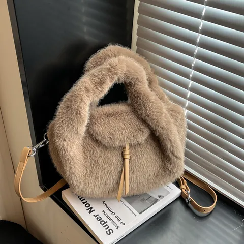 Bolso Cubo de Peluche de Piel Sintética para Mujer Suave Invierno Mano Hombro Bandolera Con Correa Ajustable Color Sólido Moda
