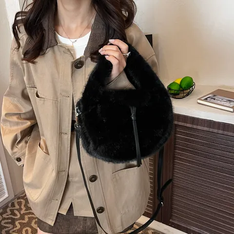 Bolso Cubo de Peluche de Piel Sintética para Mujer Suave Invierno Mano Hombro Bandolera Con Correa Ajustable Color Sólido Moda