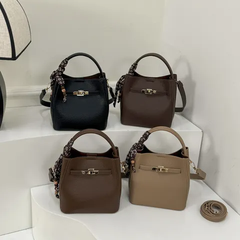 Borsa a Secchiello in Pelle PU Vintage con Trama a Litchi Per Donna Borsa a Mano Minimalista Retro Pendolare Con Sciarpa di Seta e Serratura in Metallo Borsa a Tracolla Versatile Borsa a Spalla Con Tasca Interna