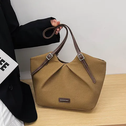 Bolso Tote de Mujer de Gran Capacidad de Cuero PU Plisado Bolso de Hombro Minimalista Vintage de Color Sólido Bolso de Mano para Desplazamientos