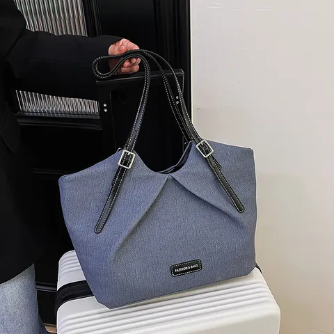 Bolso Tote de Mujer de Gran Capacidad de Cuero PU Plisado Bolso de Hombro Minimalista Vintage de Color Sólido Bolso de Mano para Desplazamientos