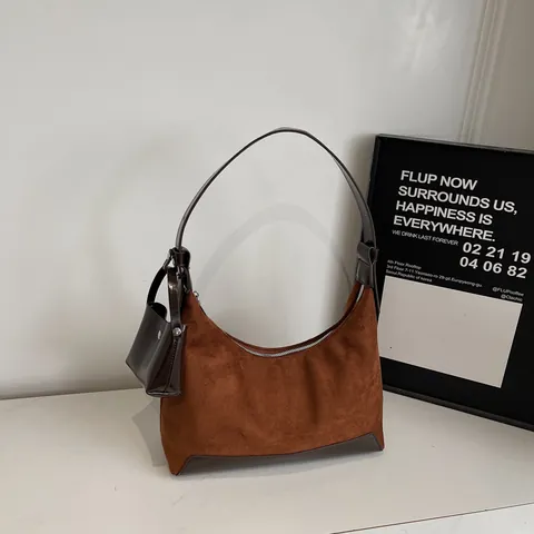 Borsa Hobo in Pelle PU Patchwork Scamosciata Retro Per Donna Borsa a Tracolla Minimalista Dumpling Con Mini Pochette
