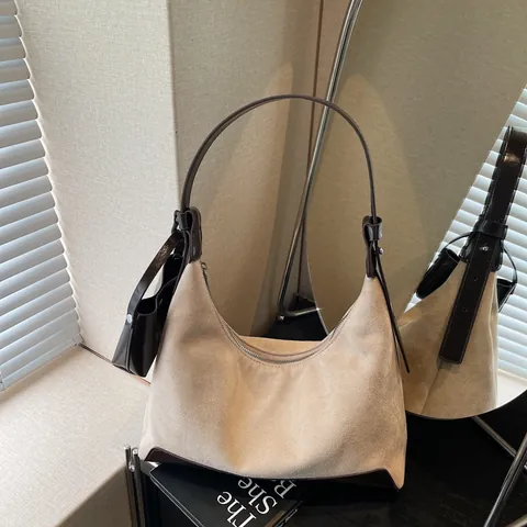 Borsa Hobo in Pelle PU Patchwork Scamosciata Retro Per Donna Borsa a Tracolla Minimalista Dumpling Con Mini Pochette
