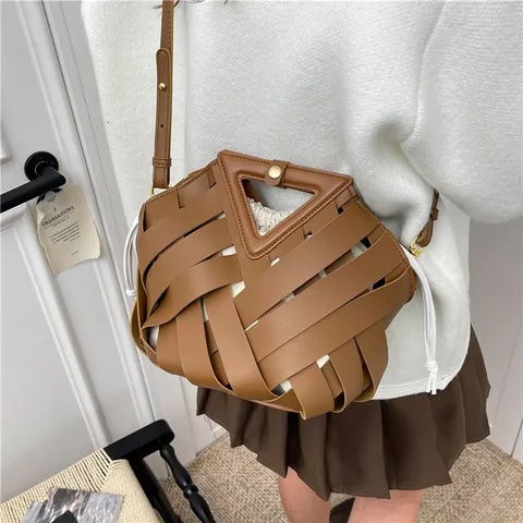 Borsa a Spalla Donna in Pelle PU Intrecciata Con Manico a Triangolo Design Traforato Sacchetto Coulisse Borsa a Tracolla Moda