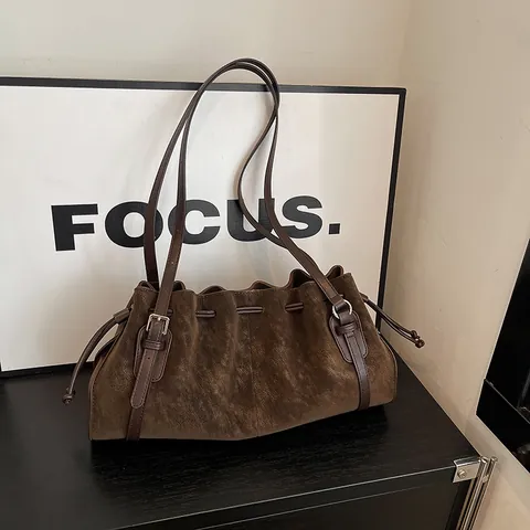 Vintage Suede Tote Bag For Women 2025 Winter New Design Pleated Elegant Shoulder Bag Large Capacity Handbag Daily Commute Bag