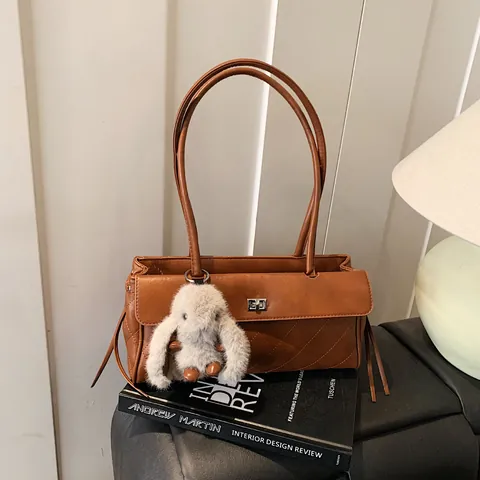 Women Retro Quilted PU Leather Underarm Bag Large Capacity Shoulder Bag With Plush Rabbit Charm Office Commute Fashion Handbag