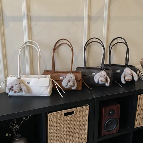 Women Retro Quilted PU Leather Underarm Bag Large Capacity Shoulder Bag With Plush Rabbit Charm Office Commute Fashion Handbag