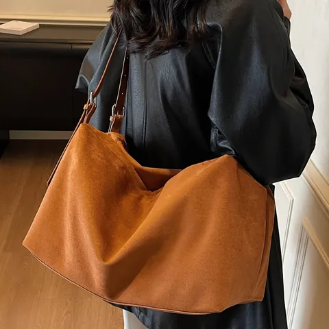 Women Matte PU Leather Tote Bag Large Capacity Slouchy Shoulder Bag Daily Commuting Office Vintage Suede Look Handbag
