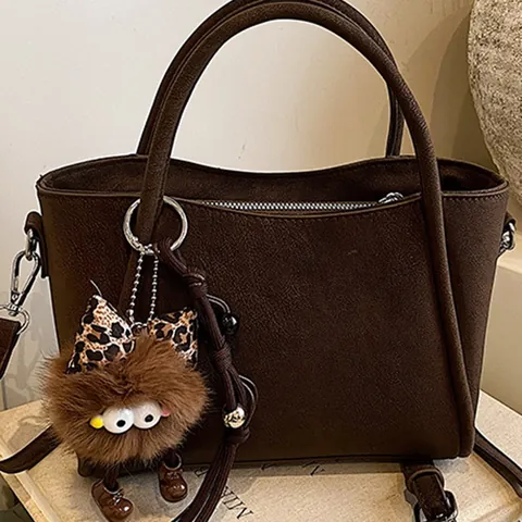 Vintage Damen PU Leder Kleine quadratische Tasche Matte Textur Tragetasche Mit Plüsch Monster Anhänger Abnehmbarem Gurt Umhängetasche Lässige Alltag Handtasche