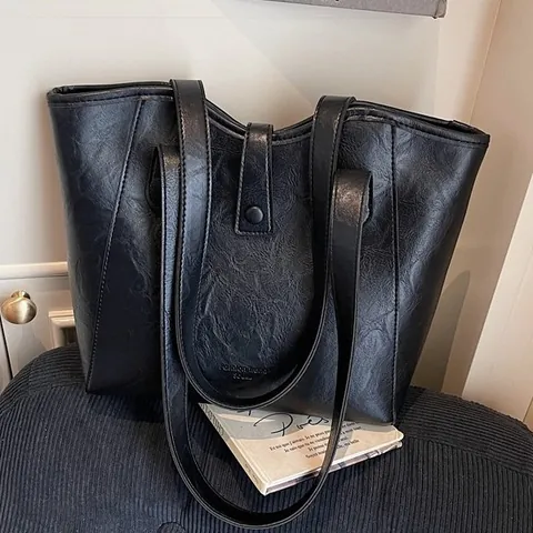Vintage PU Leather Large Capacity Tote Bag For Women Urban Simple Solid Color Commuting Shoulder Bag With Zipper Closure