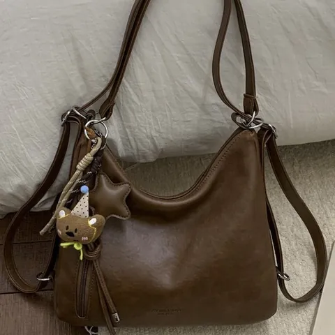 Vintage Retro Large Capacity PU Leather Tote Bag For Women Multi Functional Casual Hobo Shoulder Bag With Cute Bear Pendant