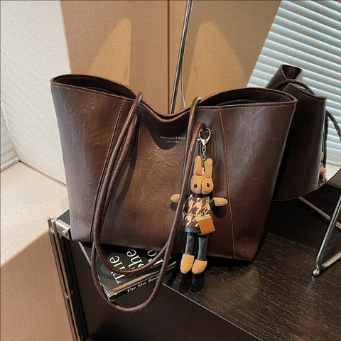 Borsa Tote da Donna a Grande Capacità in Pelle Sintetica Minimalista Borsa a Tracolla Retro Handbag per Pendolare Con Pendente