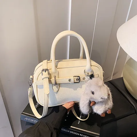 Women Vintage PU Leather Crossbody Bag Pebble Texture Small Square Satchel With Plush Rabbit Pendant Korean Commuter Handbag