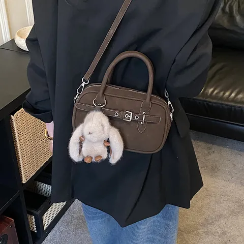 Women Vintage PU Leather Crossbody Bag Pebble Texture Small Square Satchel With Plush Rabbit Pendant Korean Commuter Handbag