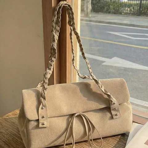 Vintage Wildleder Tragetasche Für Damen Große Kapazität Schultertasche Mit Geflochtenen Trägern Nieten Dekor Chic Pendler Tasche