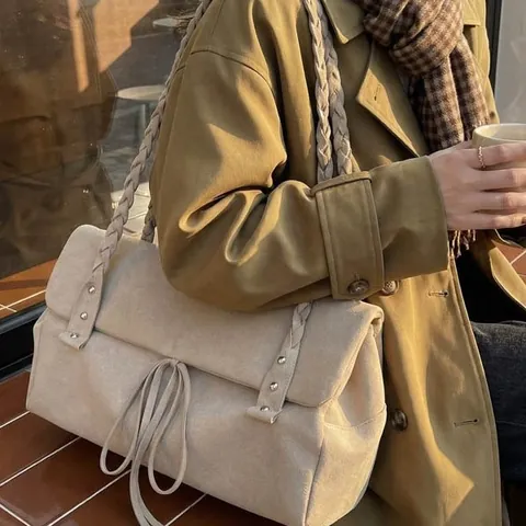 Vintage Wildleder Tragetasche Für Damen Große Kapazität Schultertasche Mit Geflochtenen Trägern Nieten Dekor Chic Pendler Tasche