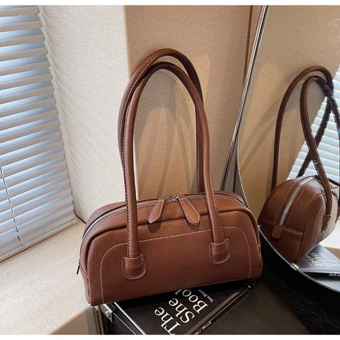 Damen Retro Casual PU Leder Achseltasche Litschimuster Kontrastnähte Bowling Bag Vintage Schulterhandtasche Boxy Tasche