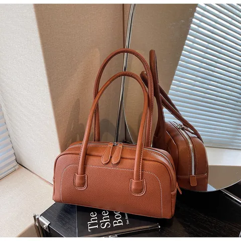 Damen Retro Casual PU Leder Achseltasche Litschimuster Kontrastnähte Bowling Bag Vintage Schulterhandtasche Boxy Tasche