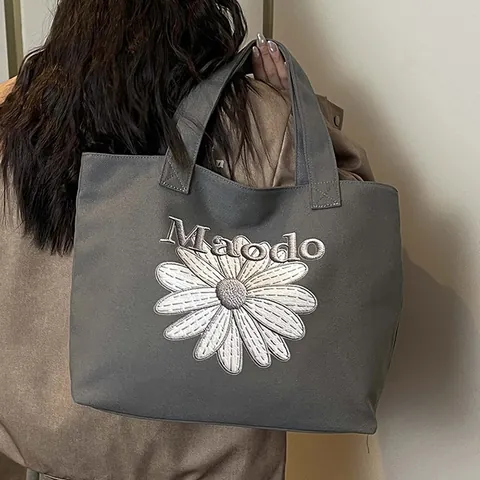 Vintage Daisy Embroidery Canvas Tote Bag Large Capacity Women Shoulder Bag Casual Minimalist Fashion Daily Handbag Shopper Bag