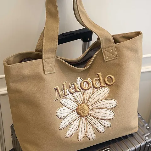 Vintage Daisy Embroidery Canvas Tote Bag Large Capacity Women Shoulder Bag Casual Minimalist Fashion Daily Handbag Shopper Bag