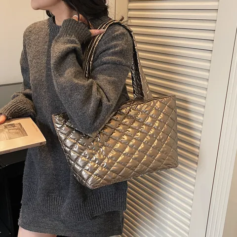 Damen Gesteppte Tragetasche Glänzende Metallische Diamant Muster Große Kapazität Wattierte Schultertasche Für Casual Arbeit