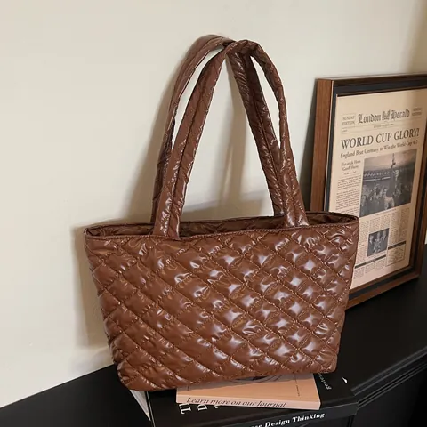 Damen Gesteppte Tragetasche Glänzende Metallische Diamant Muster Große Kapazität Wattierte Schultertasche Für Casual Arbeit