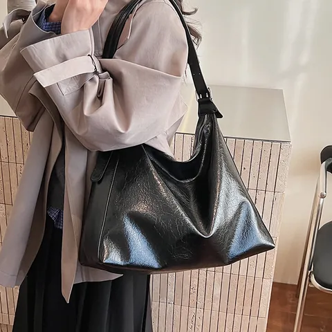 Bolso Hobo de Gran Capacidad para Mujer Bolso Tote Vintage de Cuero PU Aceitoso Bolso de Hombro Minimalista Ajustable