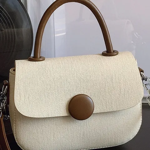 Minimalist Women Small Square Bag Vintage Fabric PU Leather Handbag With Round Button Decor Adjustable Shoulder Strap
